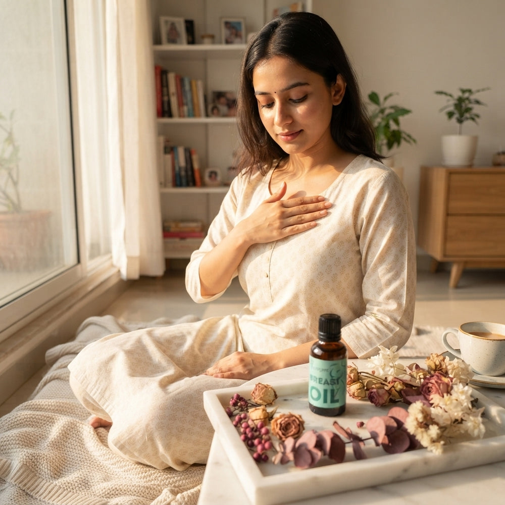 A woman applying breast oil in a sunlit bedroom with rose and berry-colored decor, capturing a candid self-care moment.
