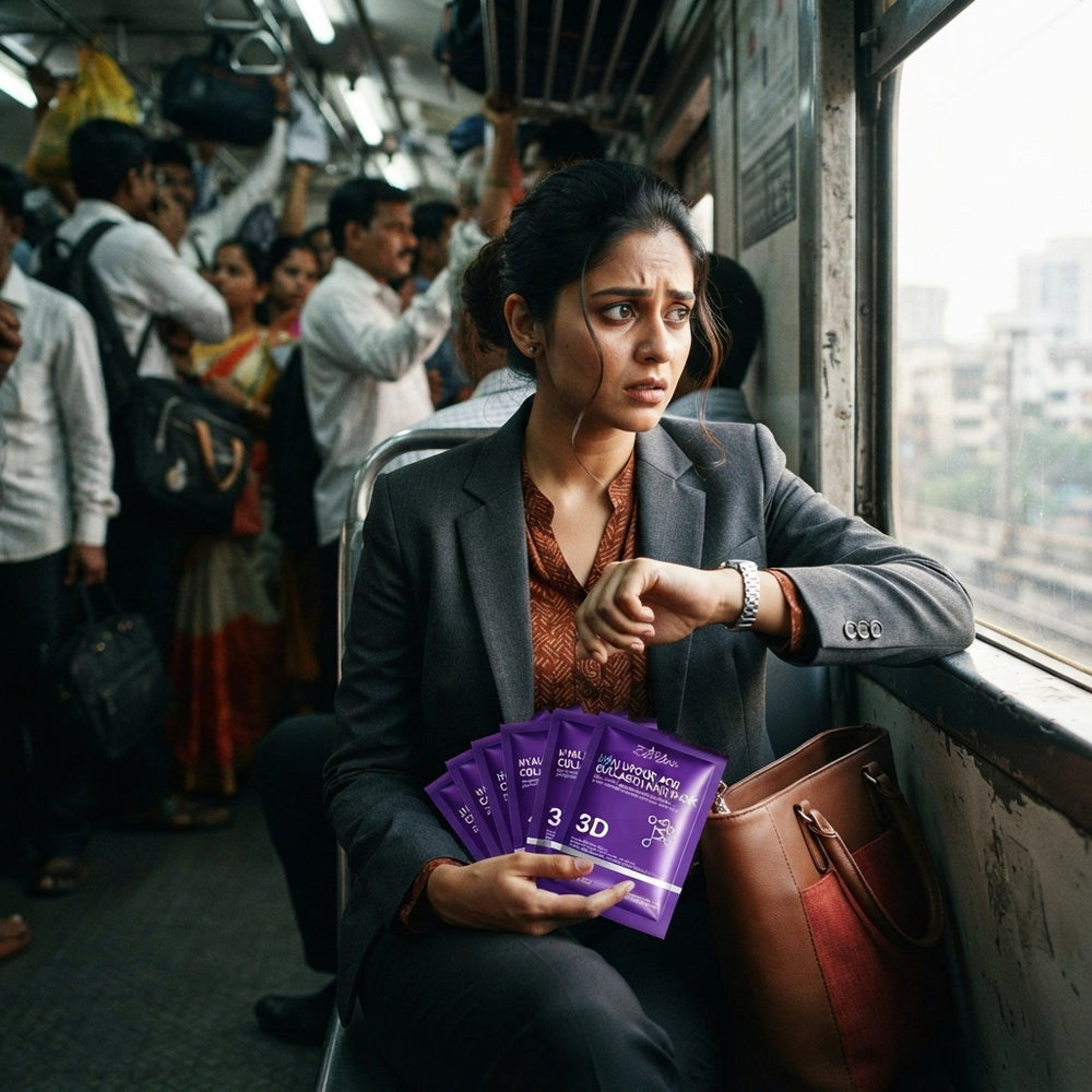 A professional South Asian woman on a crowded morning train looking stressed while holding a pack of five hair masks.