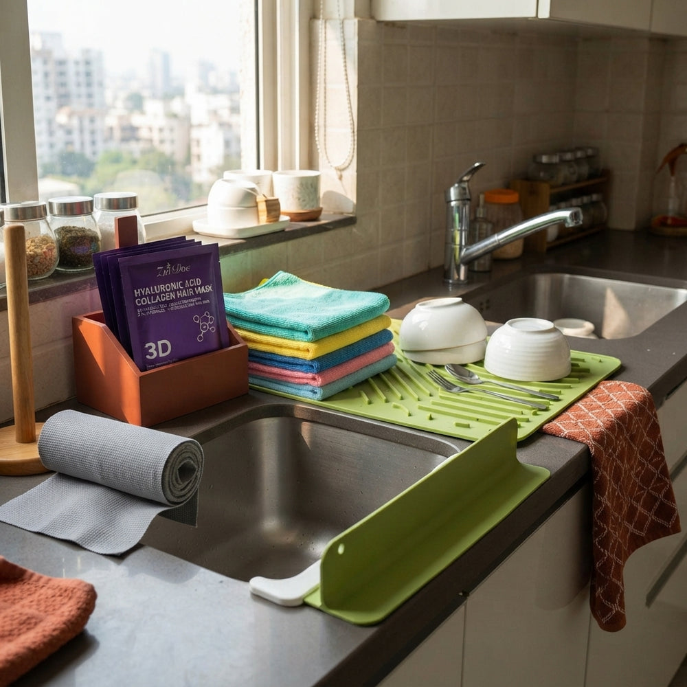 A collection of household cleaning and personal care products including hair masks, microfiber cloths, and kitchen sink acces
